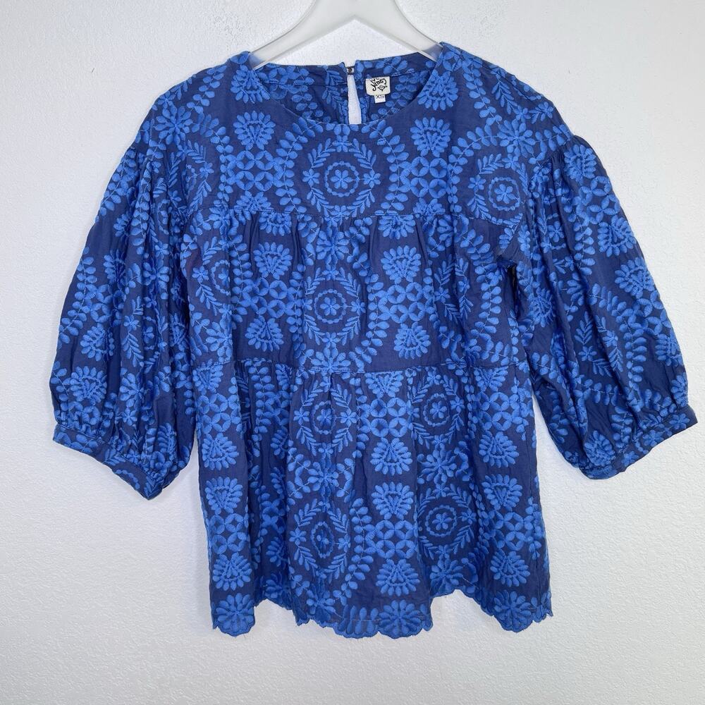 Ivy Jane Embroidered Boho Top Size XS Blue Puff‎ Sleeve Folk Peasant Cottagecore